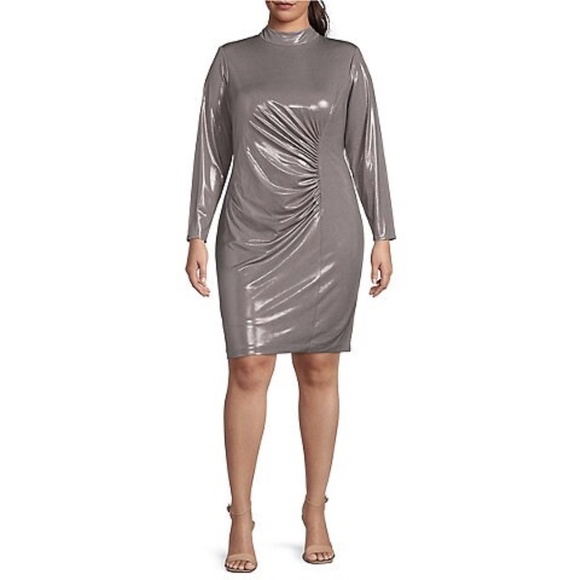 NWT Vince Camuto Ruched Long Sleeve Mock High Neck Metallic Bodycon Dress 24W - Picture 1 of 1